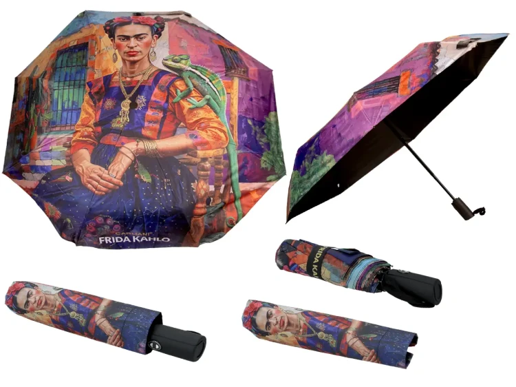 Parasolka składana full-auto Frida Kahlo rozłożona i złożona w pokrowcu