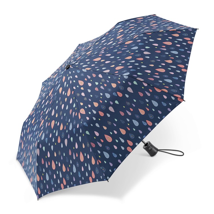 Parasolka składana Happy Rain półautomat Kropelki granatowa rozłożona