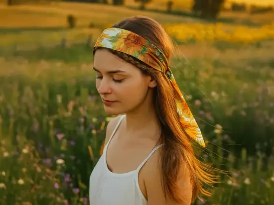 Szarfa do włosów Vincent van Gogh Słoneczniki modelka z szarfą we włosach 1.webp