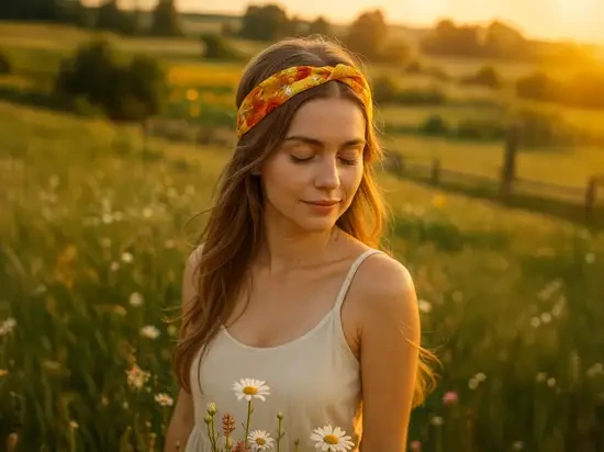 Szarfa do włosów Vincent van Gogh Słoneczniki modelka z szarfą we włosach 2.webp