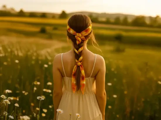 Szarfa do włosów Vincent van Gogh Słoneczniki modelka z szarfą we włosach 3.webp