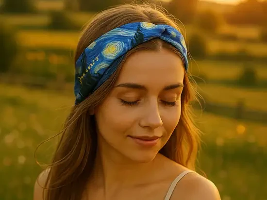 Szarfa do włosów Vincent van Gogh Gwiaździsta noc modelka z szarfą we włosach.webp