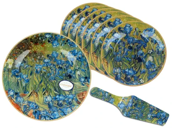 Komplet talerzyków z paterą i łopatką Vincent van Gogh Irysy cały zestaw ma 8 elementów