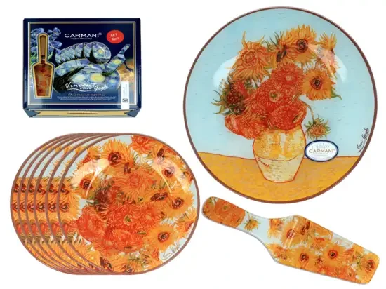 Komplet talerzyków z paterą i łopatką Vincent van Gogh Słoneczniki z eleganckim pudełkiem prezentowym