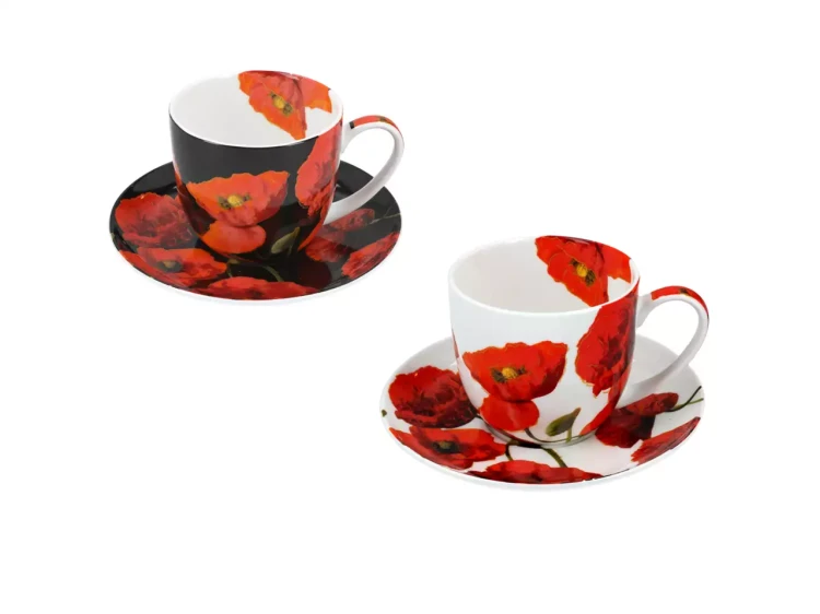 Komplet filiżanek 220 ml Floral story Maki filiżanka biała i czarna.webp