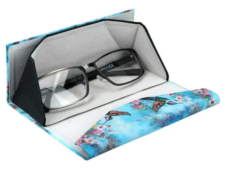 Składane etui na okulary Kolibry okulary wewnątrz otwartego etui.webp
