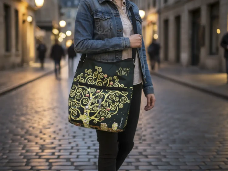 Torebka na ramię Gustav Klimt Drzewo życia modelka z torbą.webp