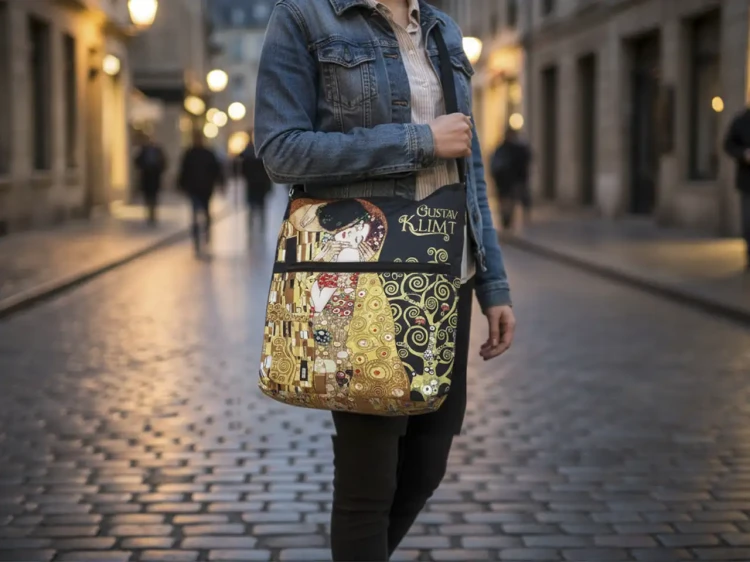 Torebka na ramię Gustav Klimt Pocałunek modelka z torbą.webp