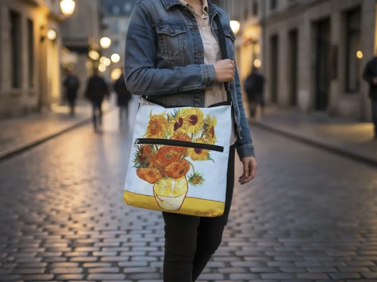 Torebka na ramię Vincent van Gogh Słoneczniki modelka z torbą.webp
