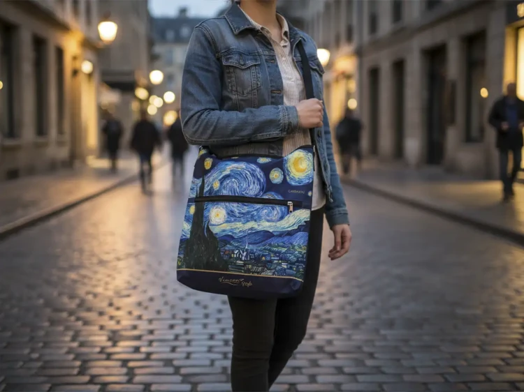 Torebka na ramię Vincent van Gogh Gwiaździsta noc modelka z torbą.webp