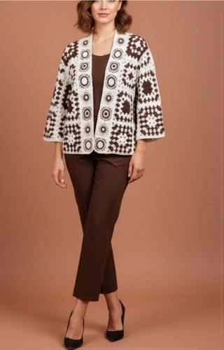 Kardigan damski dziergany bawełna rękaw 3/4 elegancki wzór rozmiar uniwersalny kolory ecru i brąz