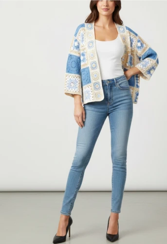 Kardigan dziergany szydełkowy Lilie Rose Blue Sky elegancki i wygodny, rozmiar uniwersalny, bawełna, krój kimono