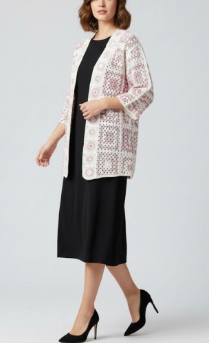 Kardigan dziergany szydełkowy długi ecru i pudrowy róż, elegancki, rozmiar uniwersalny, rękaw 3/4, krój kimono