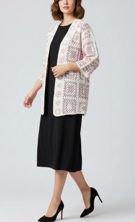 Kardigan dziergany szydełkowy długi ecru i pudrowy róż, elegancki, rozmiar uniwersalny, rękaw 3/4, krój kimono