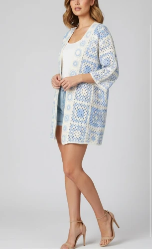 Kardigan dziergany szydełkowy długi, ecru i błękit, elegancki krój kimono, rozmiar uniwersalny