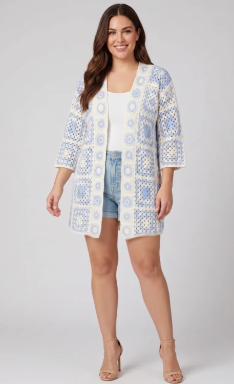 Kardigan dziergany szydełkowy długi, ecru i błękit, elegancki krój kimono, rozmiar uniwersalny