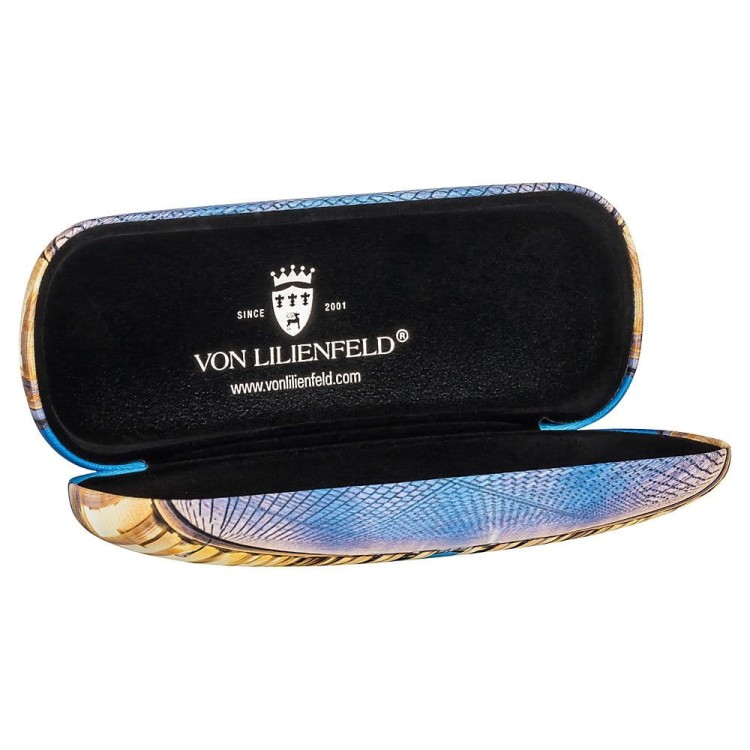 Etui na okulary Von Lilienfeld Brama Brandenburska otwarte z widocznym wewnątrz srebrnym logo marki