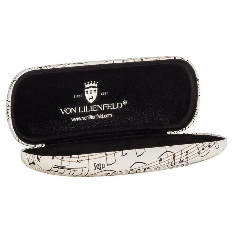 Etui na okulary Von Lilienfeld Nuty otwarte z widocznym wewnątrz tłoczonym srebrnym logo marki