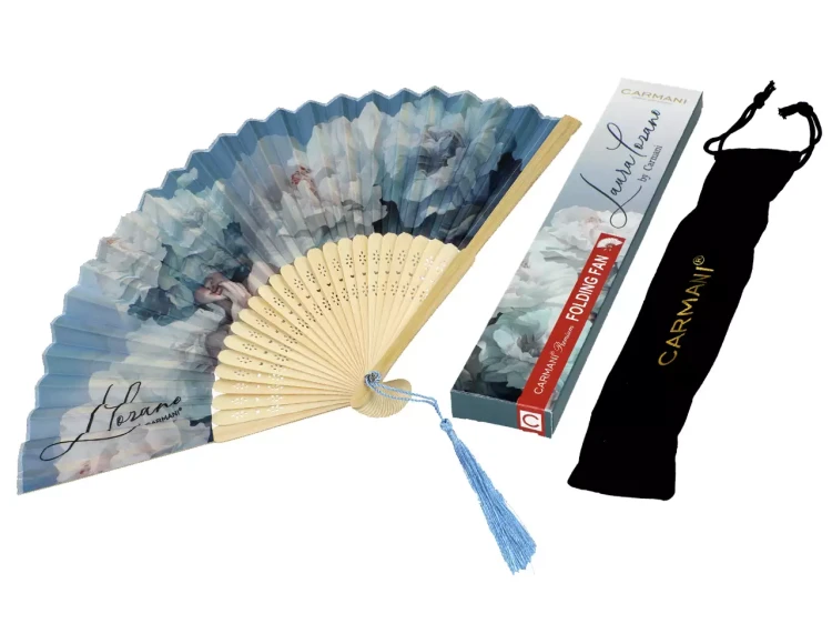 Wachlarz Laura Lozano Lady's Floral Symphony niebieski z eleganckim aksamitnym etui i pudełkiem prezentowym